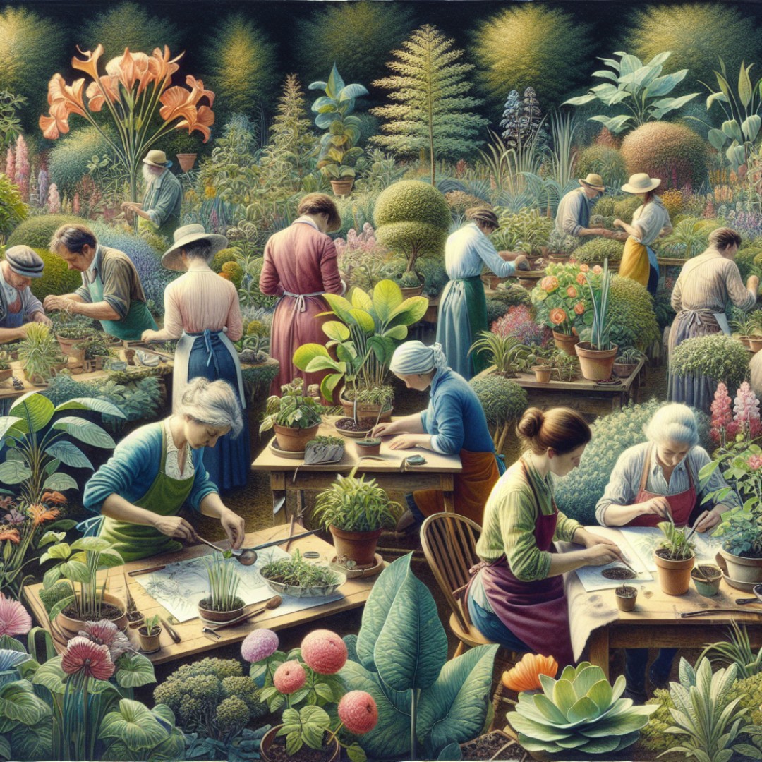 People attending a gardening class, planting and learning together.