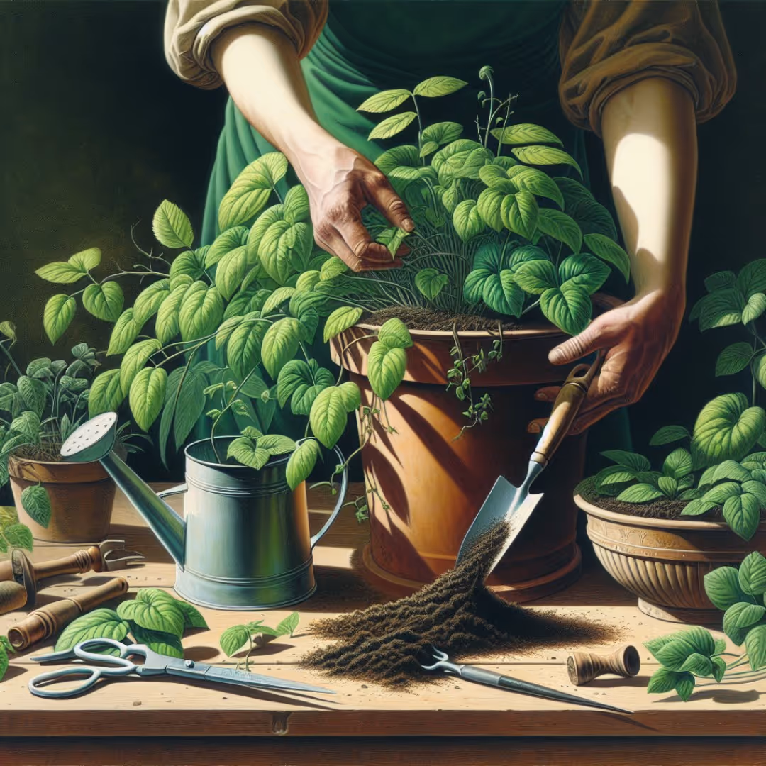 Hands repotting a plant into a larger pot with fresh soil.