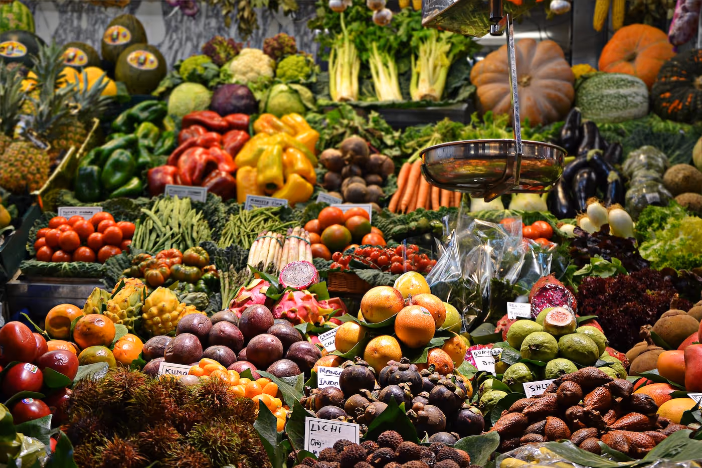 Assorted nutrient-dense vegetables including leafy greens, carrots, tomatoes, and peppers.