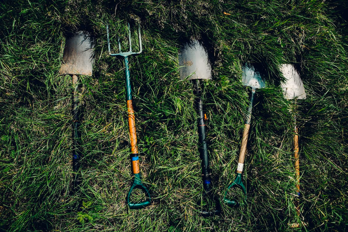 Various gardening tools including gloves, trowel, pruning shears, and watering can.