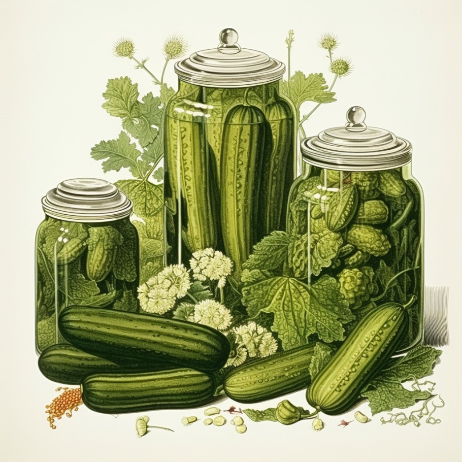Fresh pickling cucumbers growing on the vine.