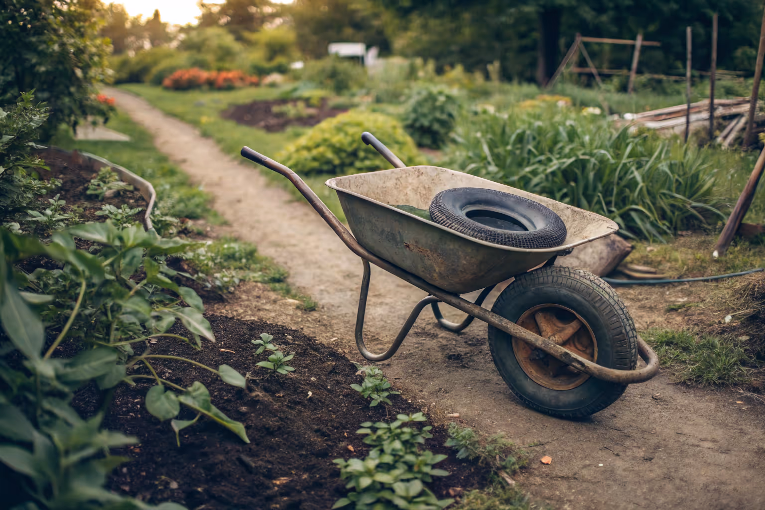 Choose a wheelbarrow with inflated tires to smoothly transport compost and soil over uneven garden paths.