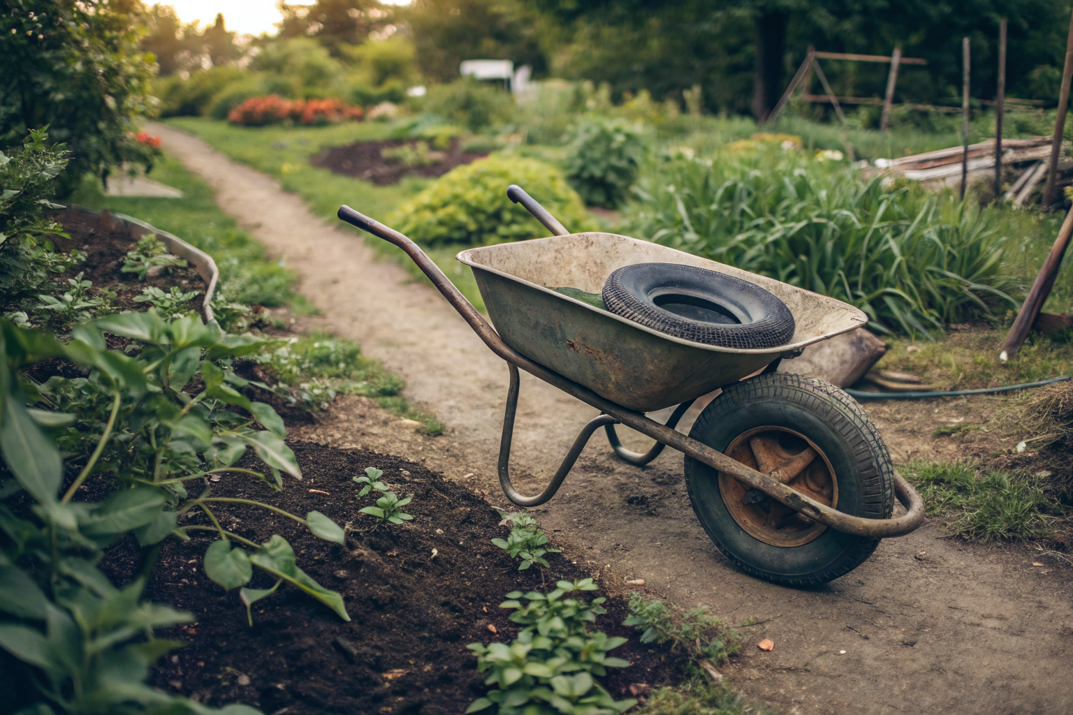 Choose a wheelbarrow with inflated tires to smoothly transport compost and soil over uneven garden paths.