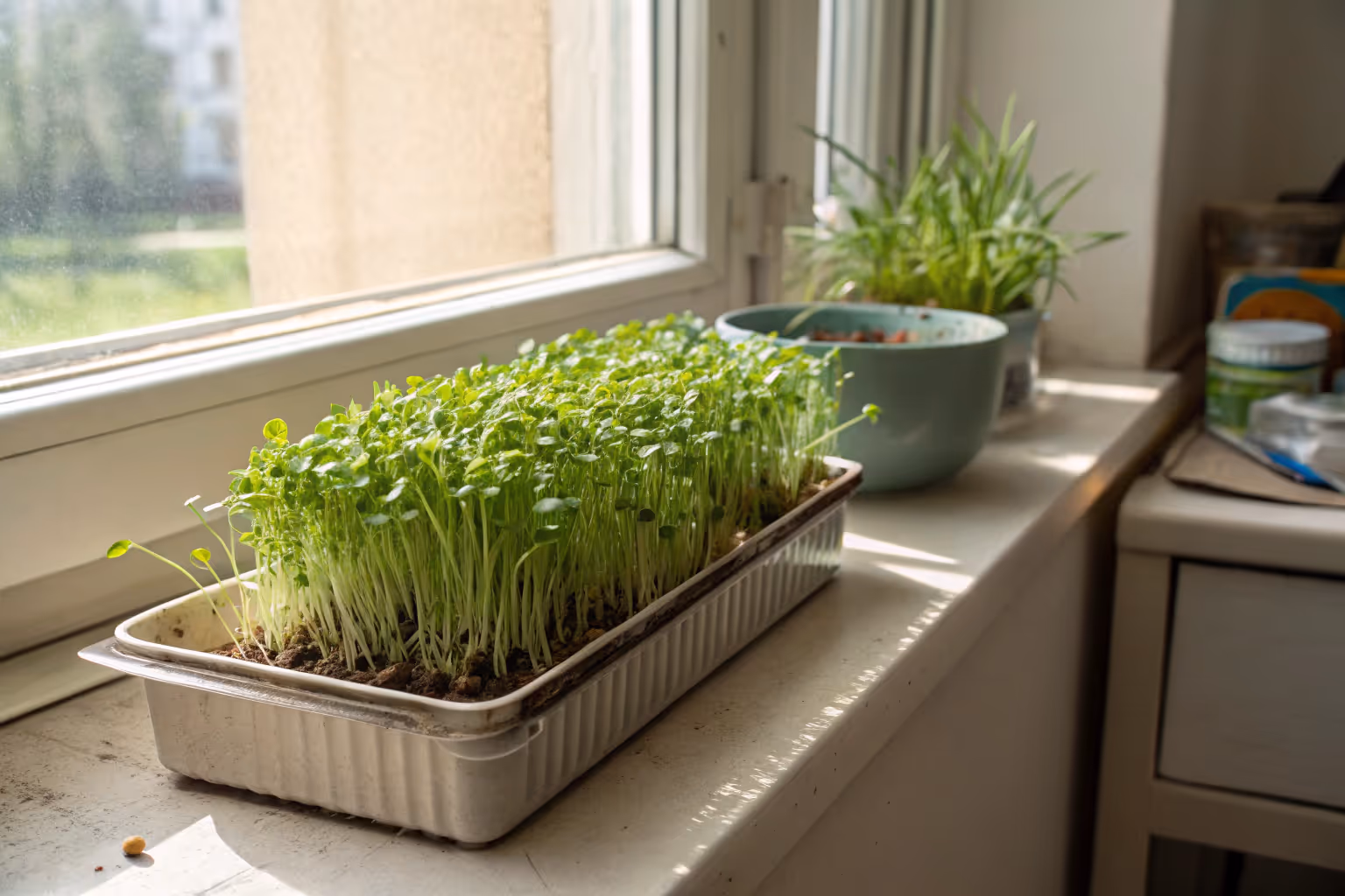 Sprouting microgreens on a sunny windowsill yields crisp harvests in just 10 days—so rewarding!