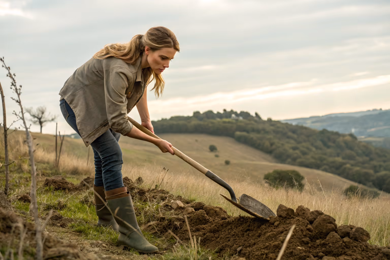 A rounded-point spade made turning dense clay soil easier and prevented bending from stubborn root resistance.