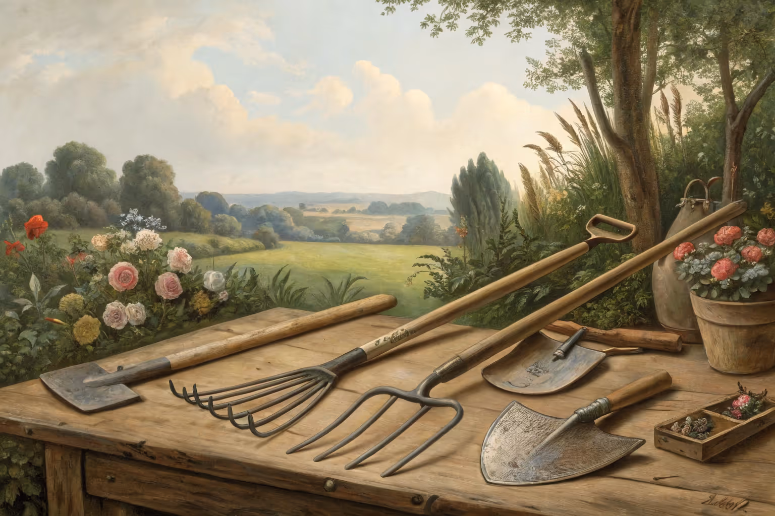 Assorted farmer tools including a shovel, rake, hoe, and watering can arranged together.