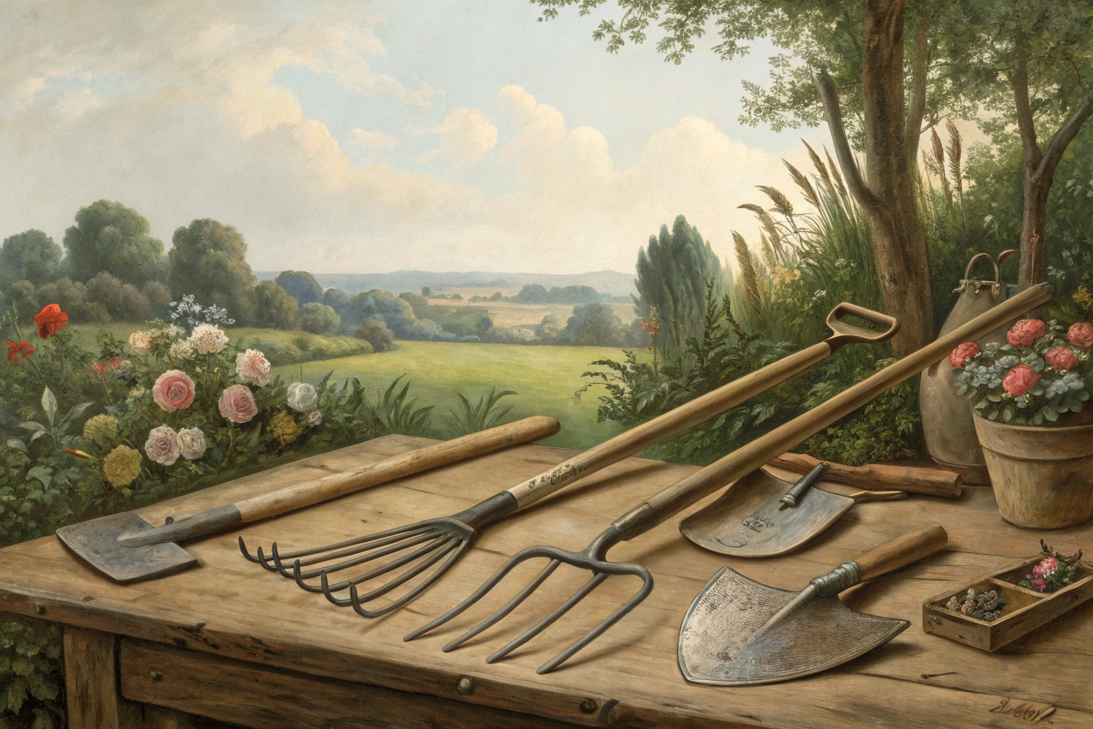 Assorted farmer tools including a shovel, rake, hoe, and watering can arranged together.