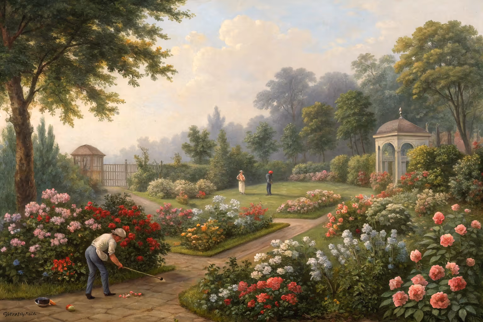 Children and adults playing together in a garden, using tools and watering plants.