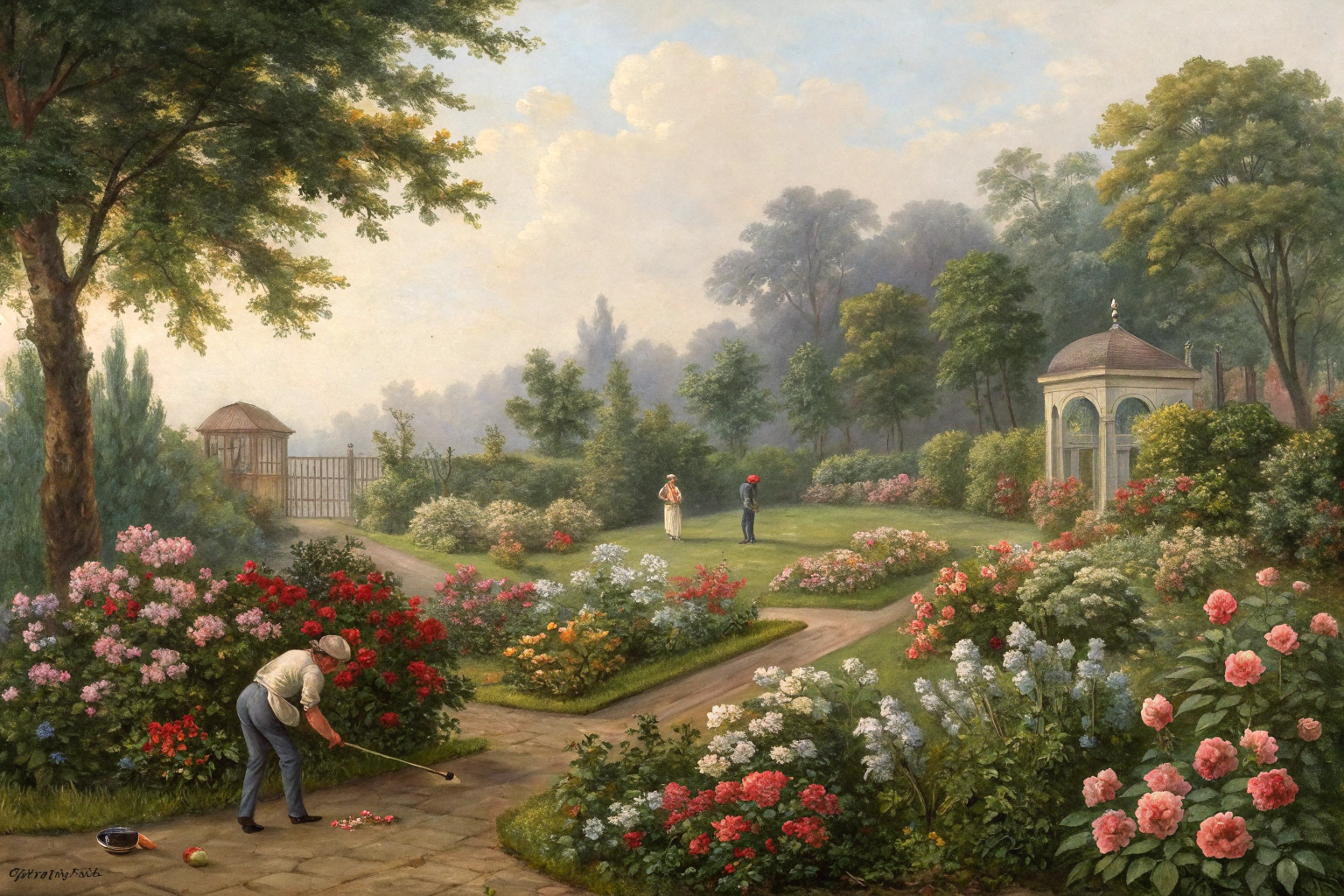 Children and adults playing together in a garden, using tools and watering plants.