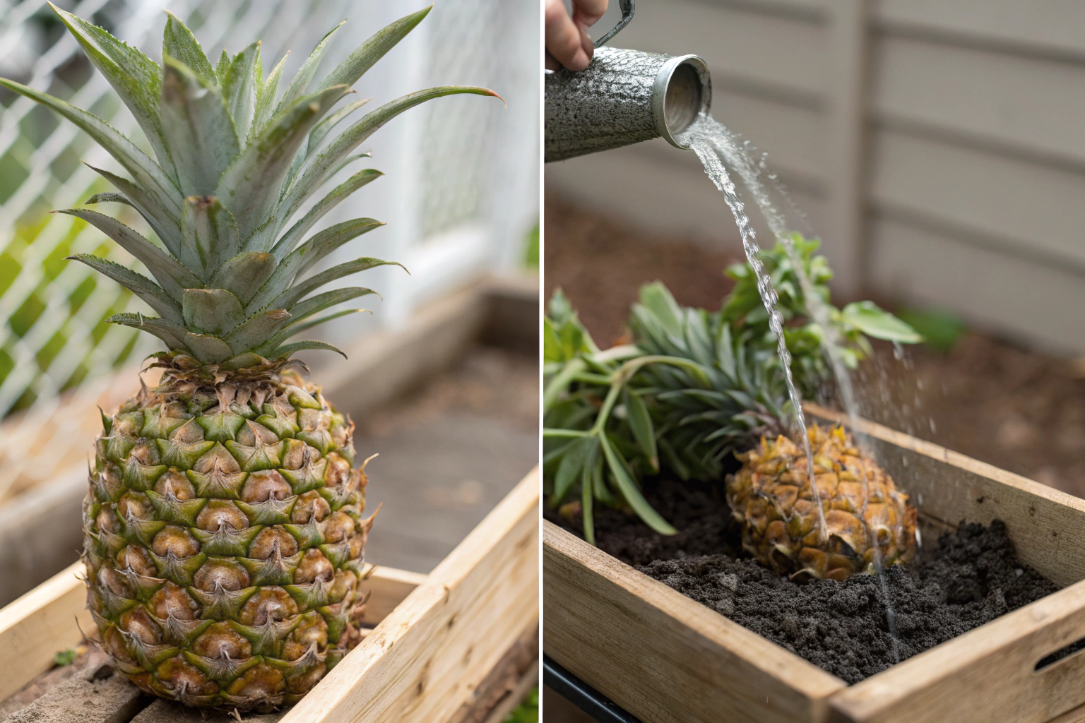 Twist off the pineapple top, dry for two days, plant in well-drained soil and water lightly.