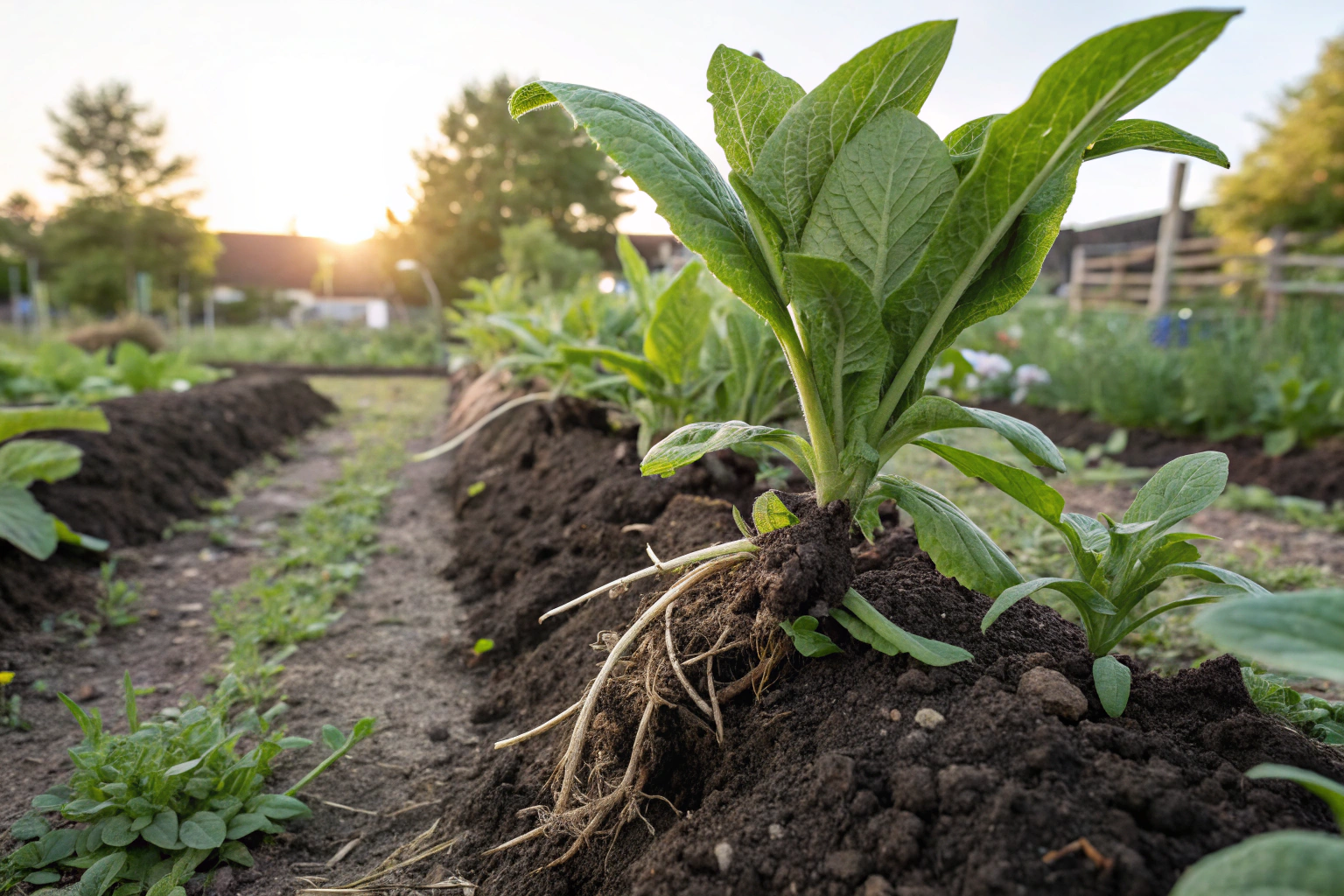 Plant comfrey in well-drained soil and full sun. Its deep roots quickly improve depleted garden beds.