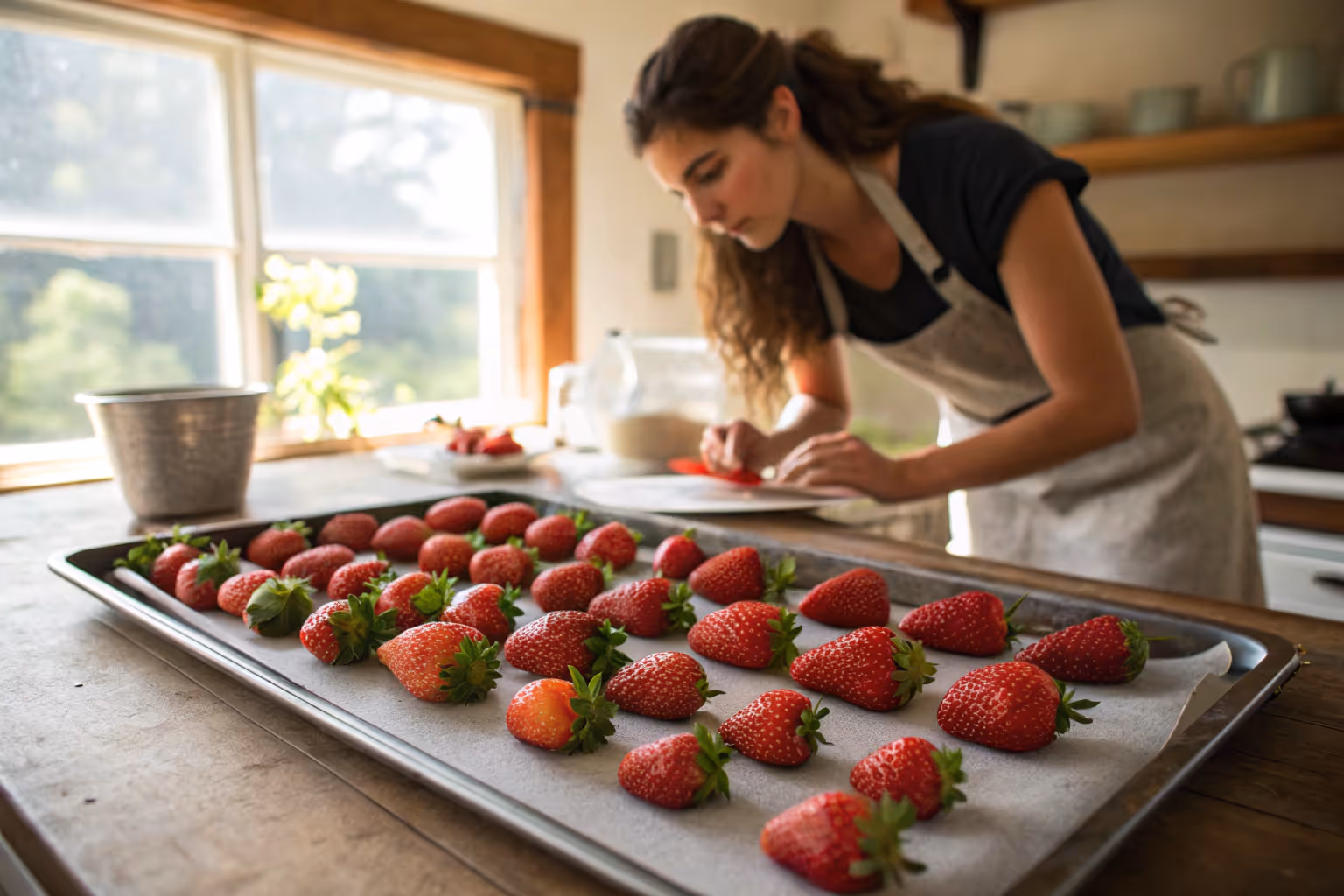 After gentle washing, freeze strawberries on a cookie sheet. This keeps them separate and retains texture.