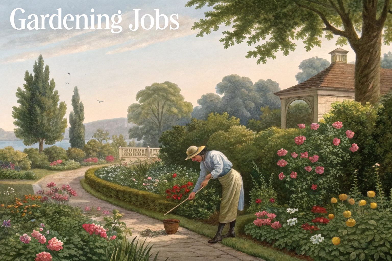 People performing various gardening tasks such as planting, weeding, and watering in a garden.