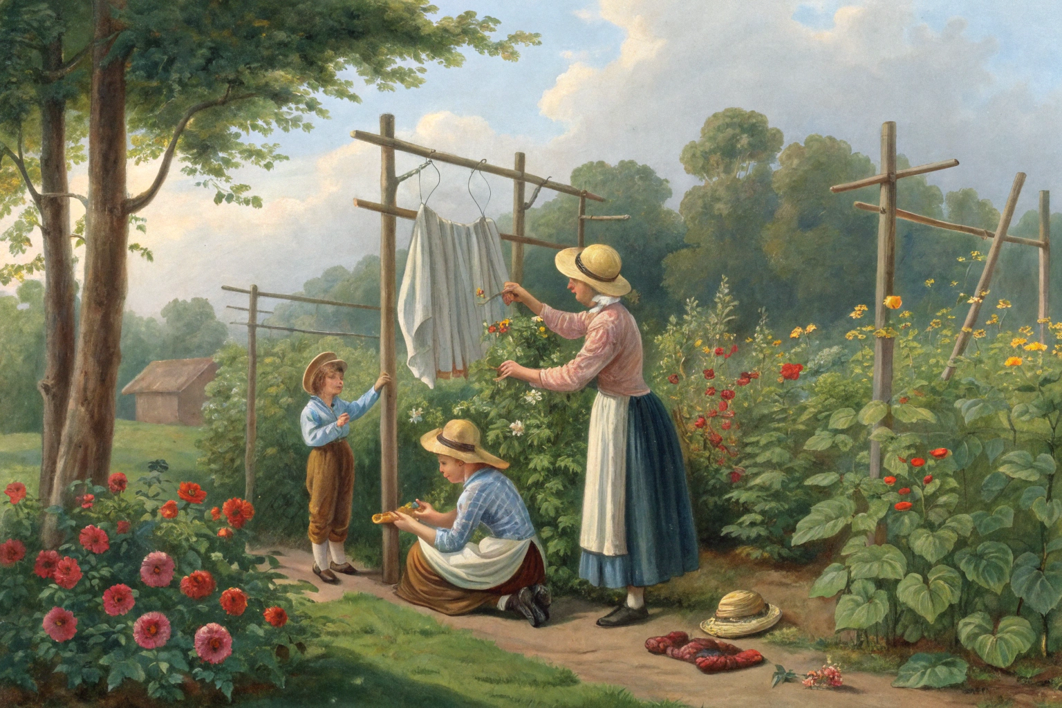 Person assembling a scarecrow with old clothes and straw in a garden.