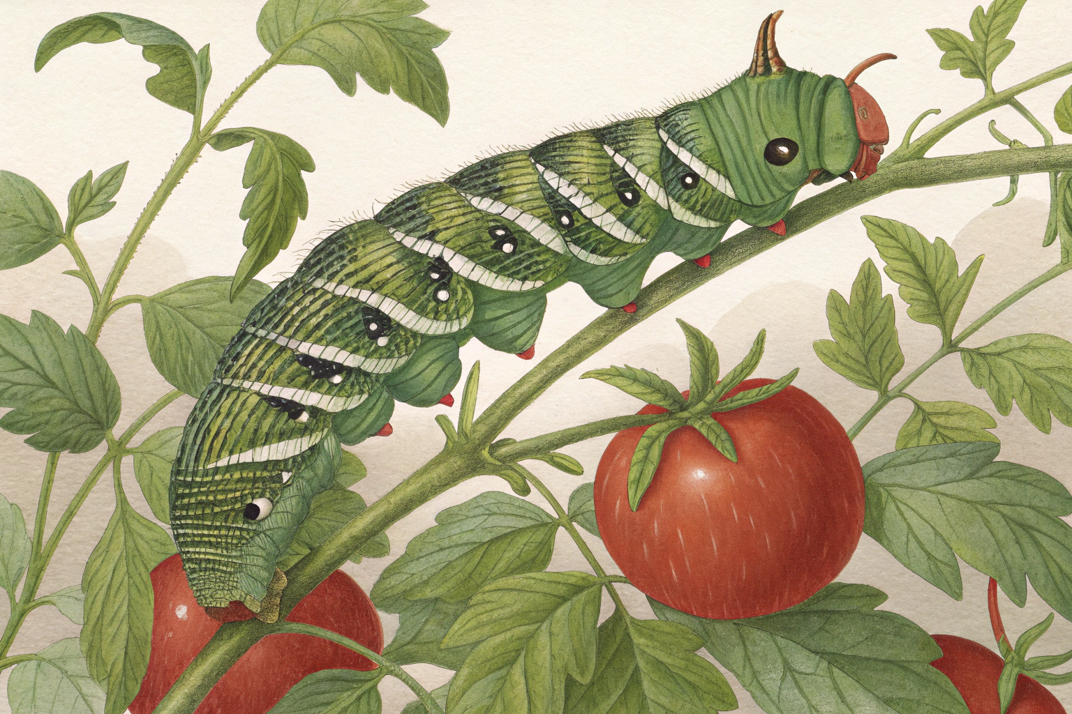 Large green caterpillar with white stripes and horn, resting on a tomato plant stem.