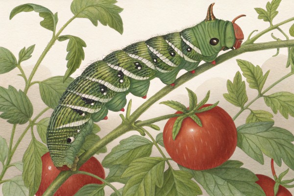 Large green caterpillar with white stripes and horn, resting on a tomato plant stem.