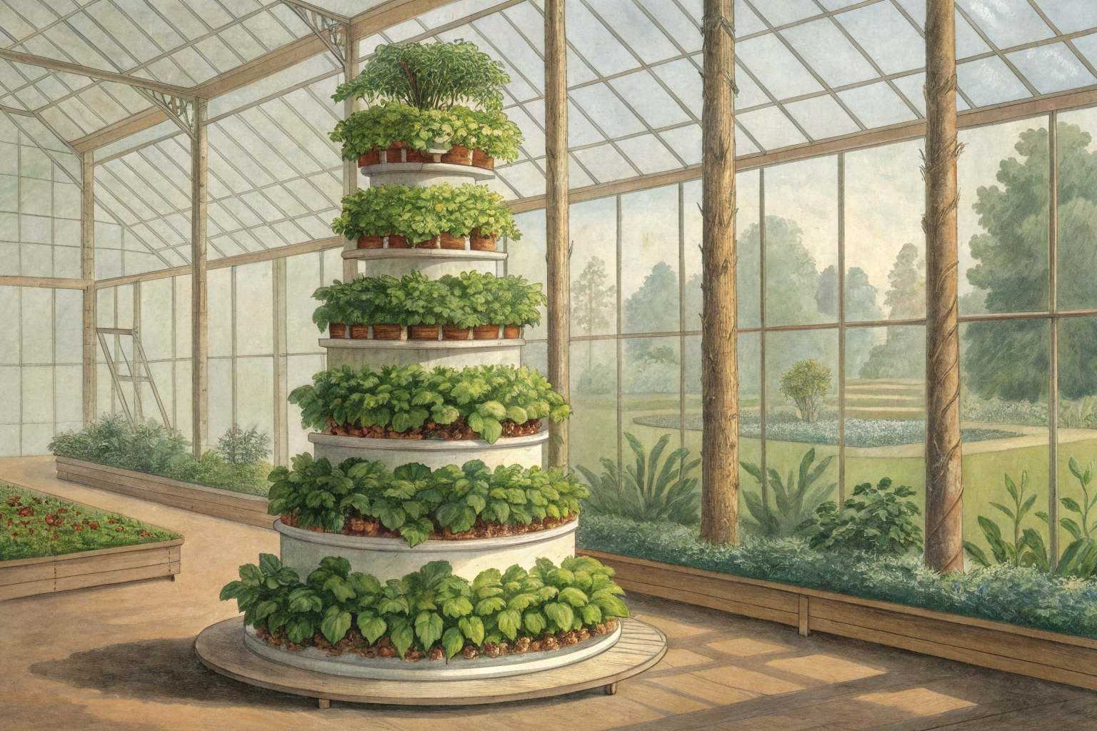 Vertical hydroponic tower with leafy green plants growing from stacked tiers.