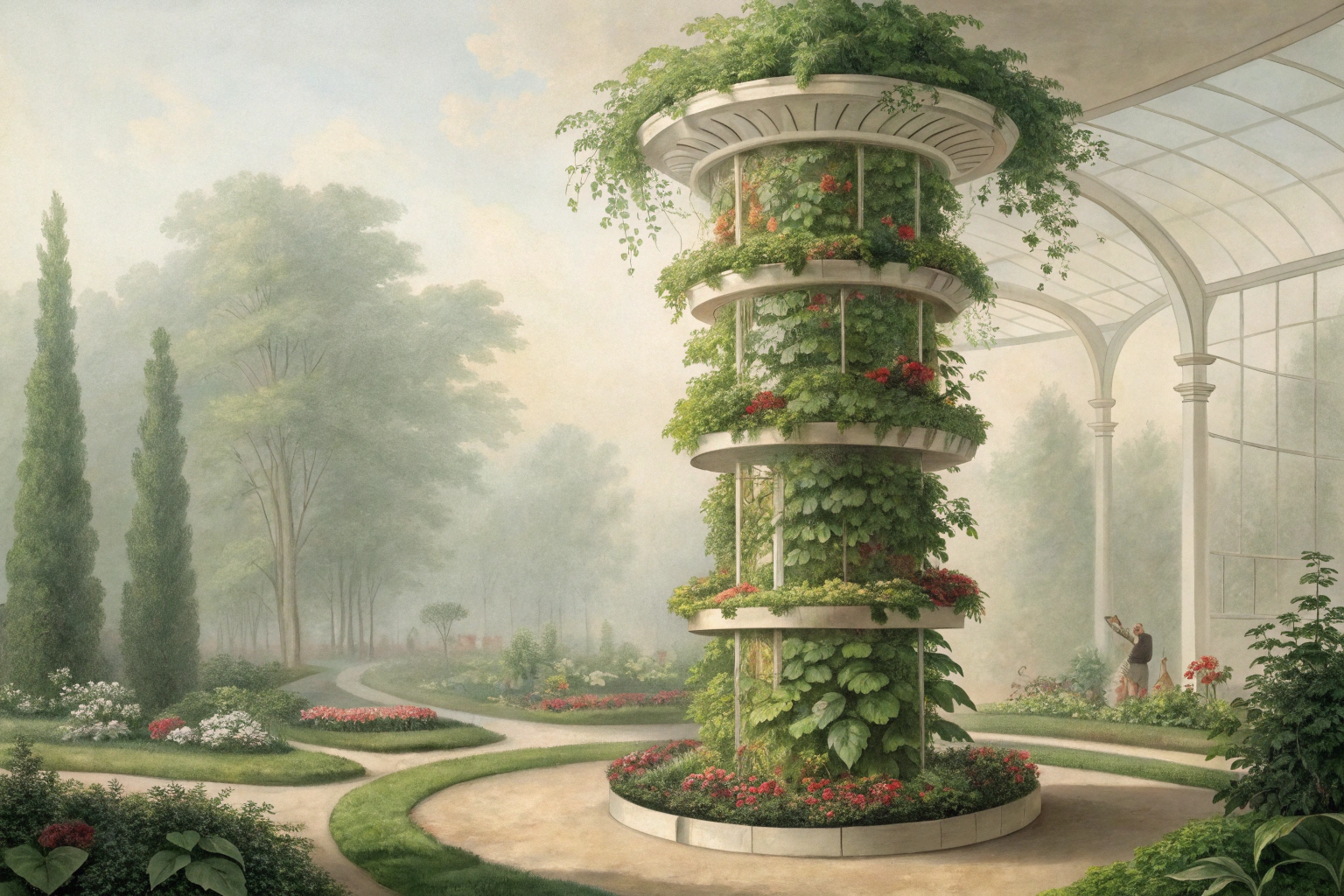 Vertical aeroponic tower with leafy green plants growing from multiple levels.