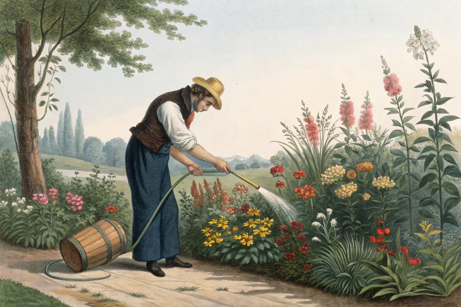 A hand sprays vinegar from a bottle onto weeds growing in a garden.