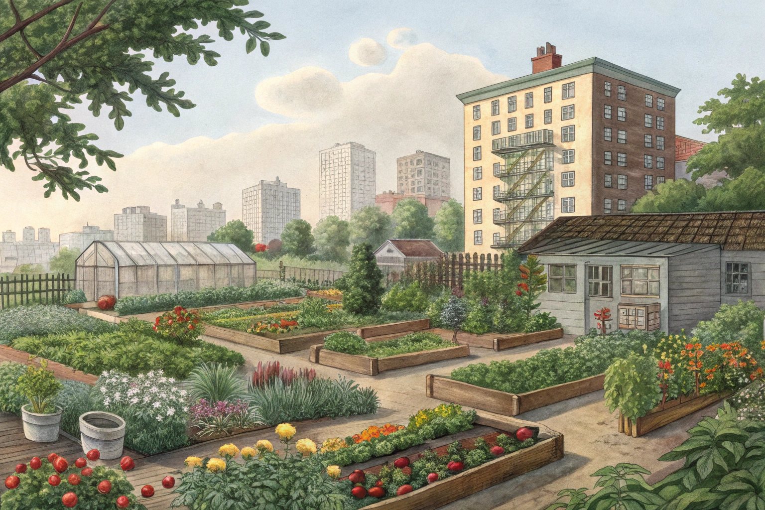 People tending vegetables and herbs in a small city backyard garden with apartment buildings in the background.