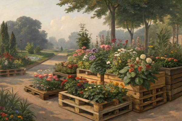 Wooden pallet filled with soil and various small plants growing between the slats.