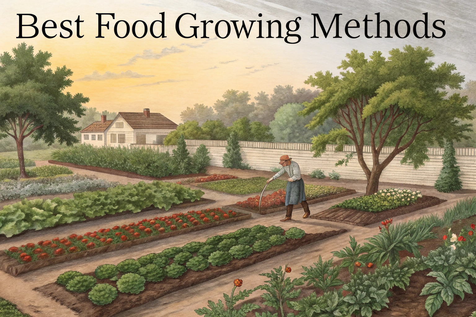 Various food crops growing using different gardening methods such as raised beds, containers, and vertical planters.