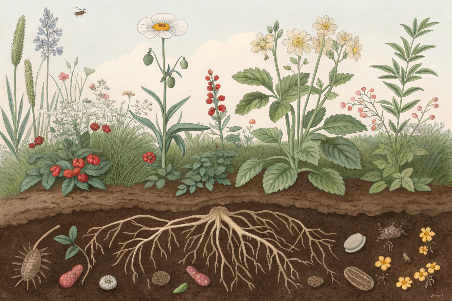 Hands tending to garden soil with visible plant roots and illustrated microorganisms surrounding them.