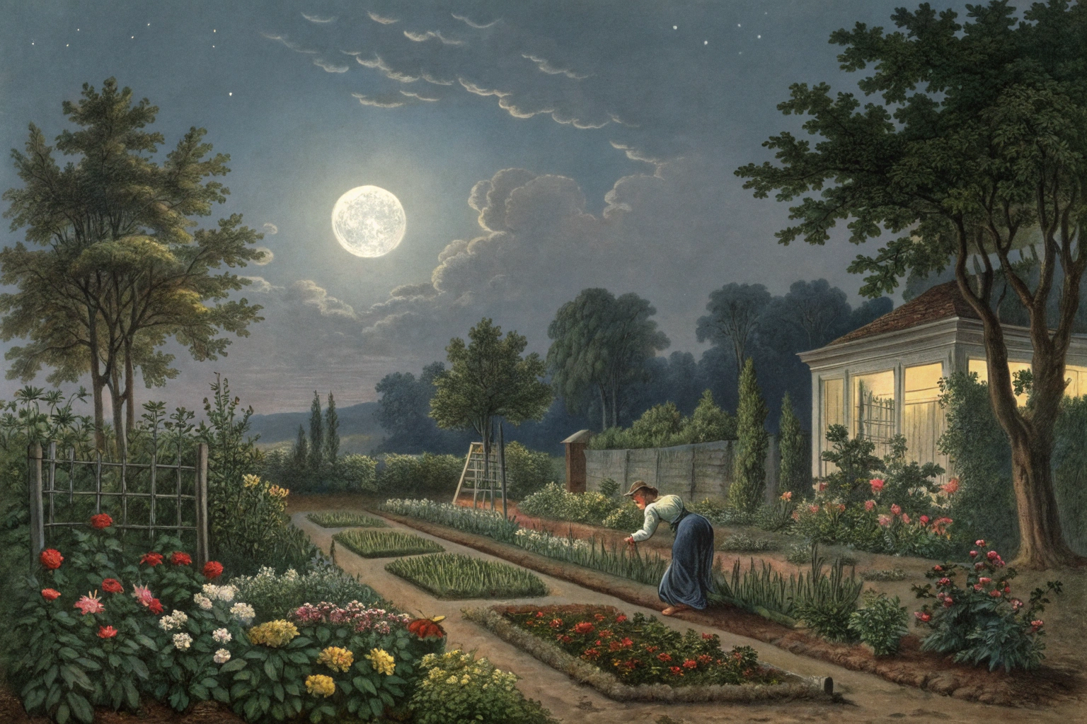 A garden with plants at various growth stages and moon phases shown above.