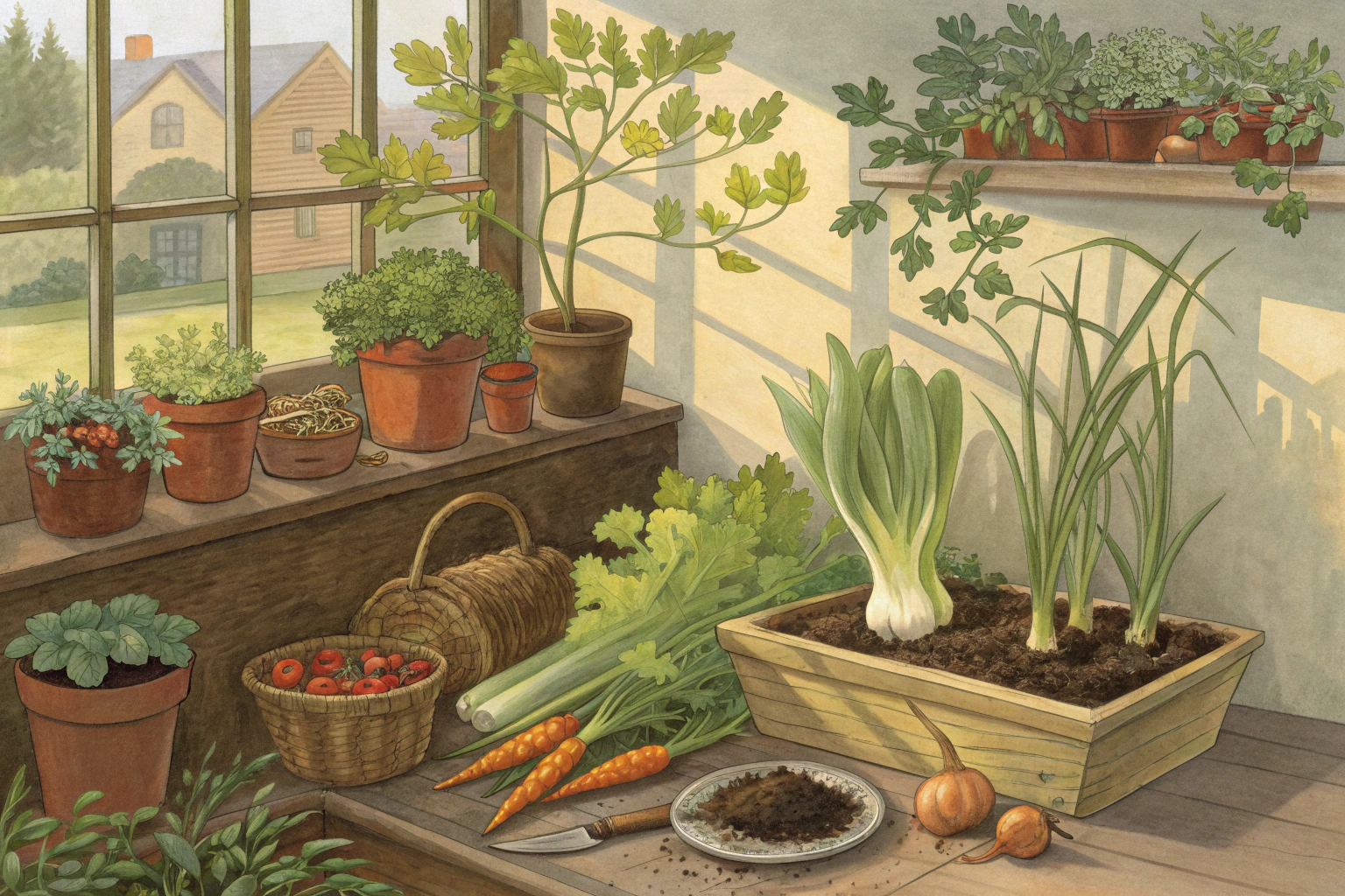 Vegetable scraps like green onion roots and lettuce bases sprouting new growth in water-filled jars.