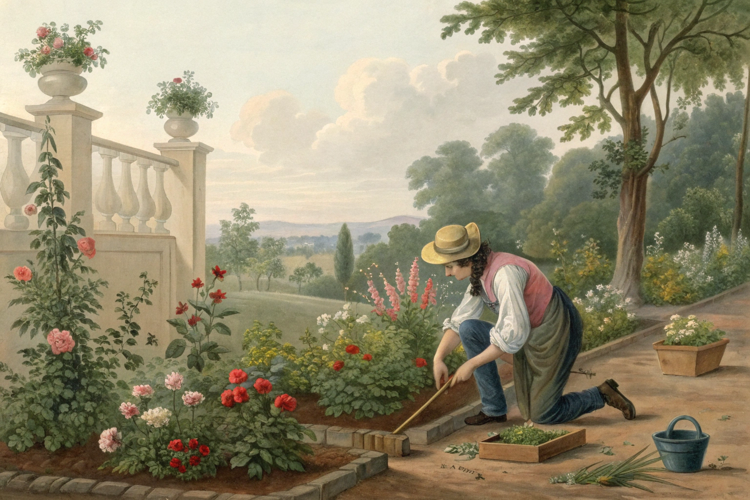 A gardener tests soil pH with a probe near vegetable plants.
