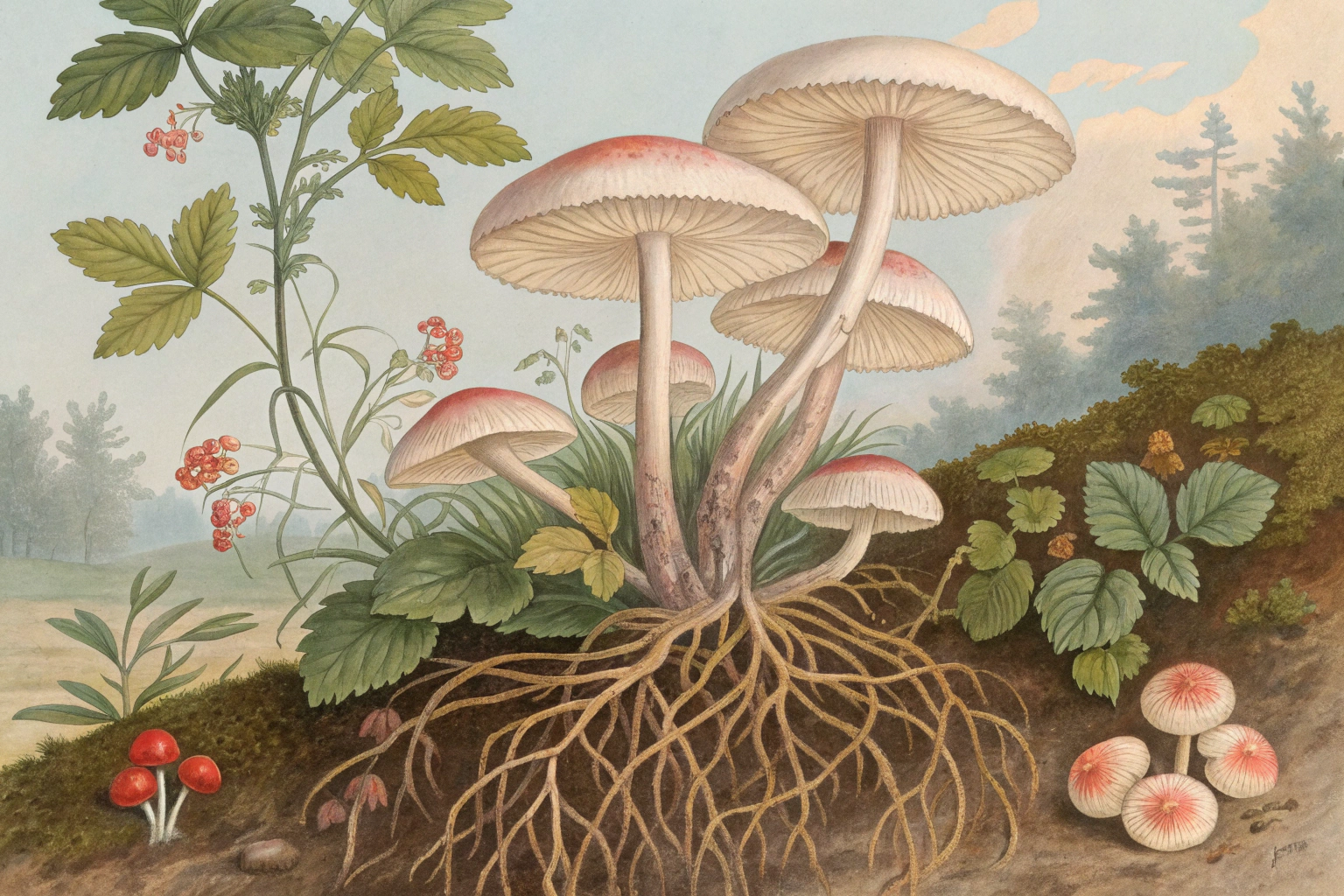 White fungal threads of mycorrhizal fungi intertwined with plant roots in soil.