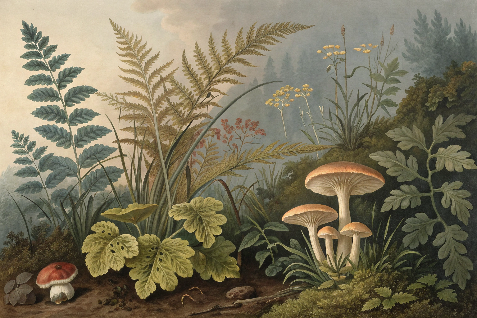 Various leafy greens and herbs suited for growing in low light, such as lettuce, spinach, and mint, arranged together in a garden setting.