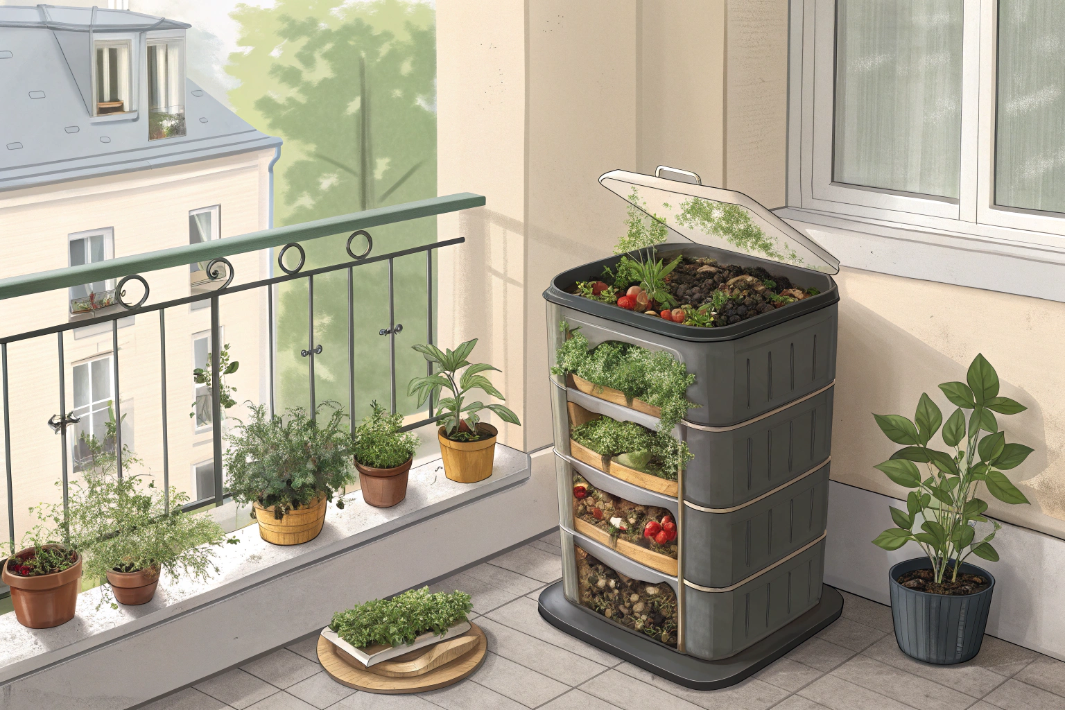 A small kitchen compost bin filled with fruit and vegetable scraps sits on a countertop beside potted plants.