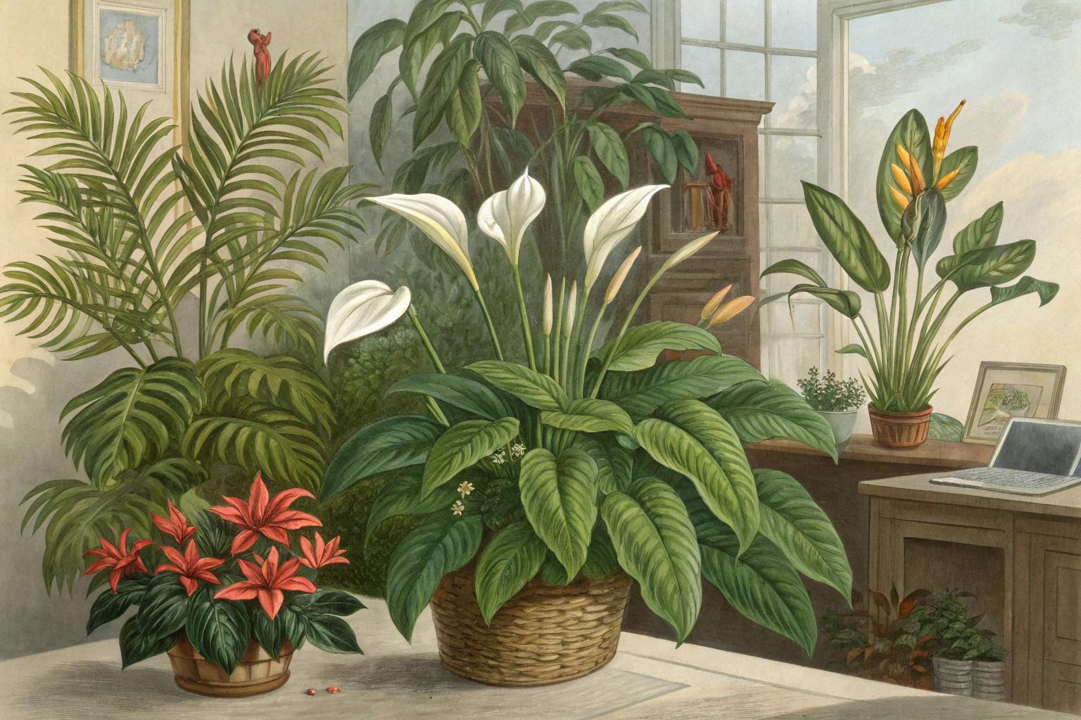 Several common air purifying houseplants in pots on a desk in a home office setting.