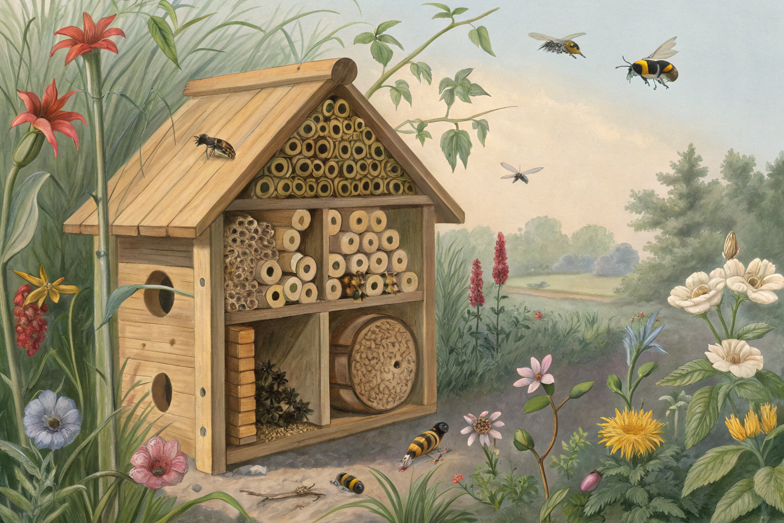 A homemade bee hotel made from hollow stems and wooden blocks with drilled holes, placed in a garden.