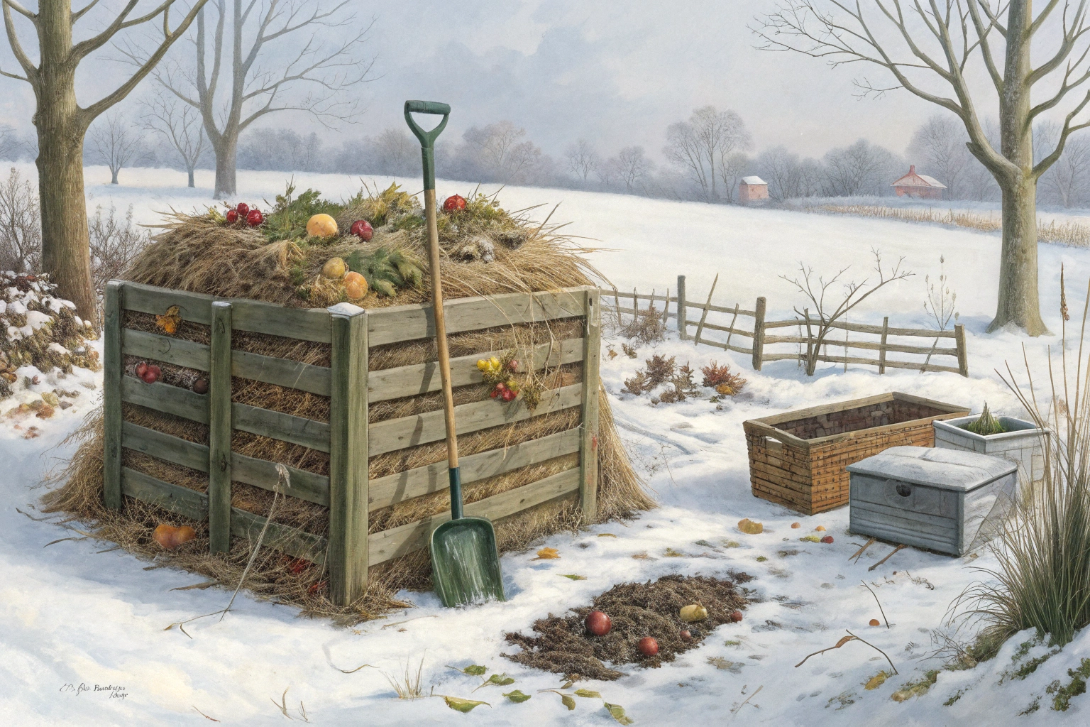 A backyard compost bin surrounded by snow, with organic waste and gardening tools nearby.