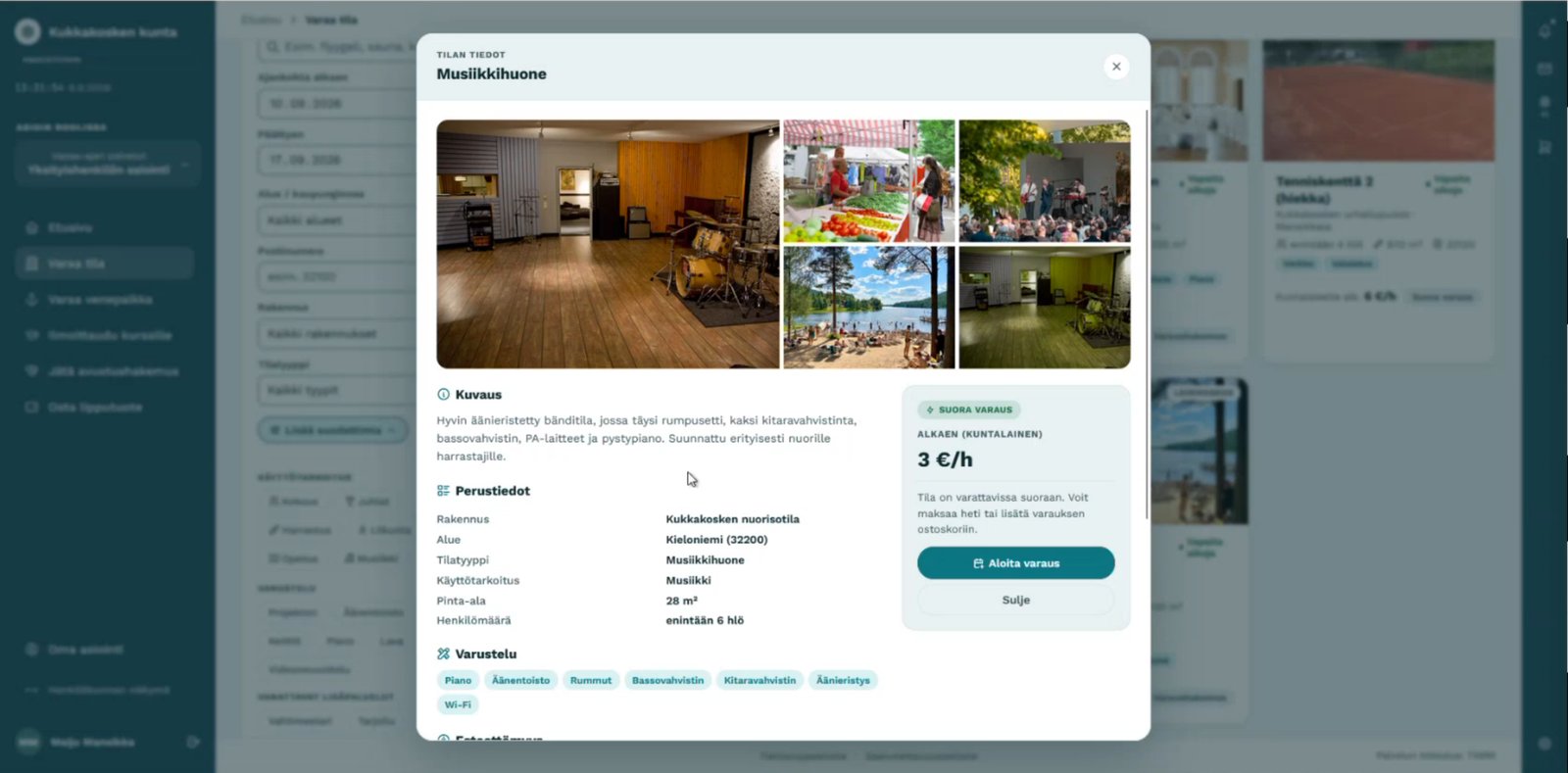 Sähköisen asioinnin prototyyppi: tilan tietosivu ja suora varaus