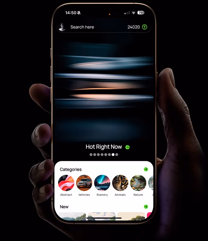 Hero image. Hand holding an iPhone with a Thematica wallpapers app being shown