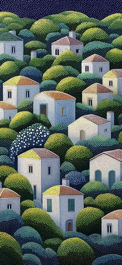 Artistic hill village wallpaper