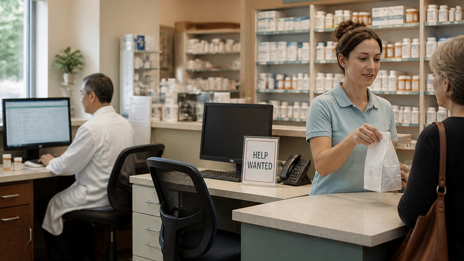 An independent pharmacy counter with one technician helping a patient while the pharmacist works at a pharmacy management system screen, and an empty workstation beside them with a help-wanted sign.