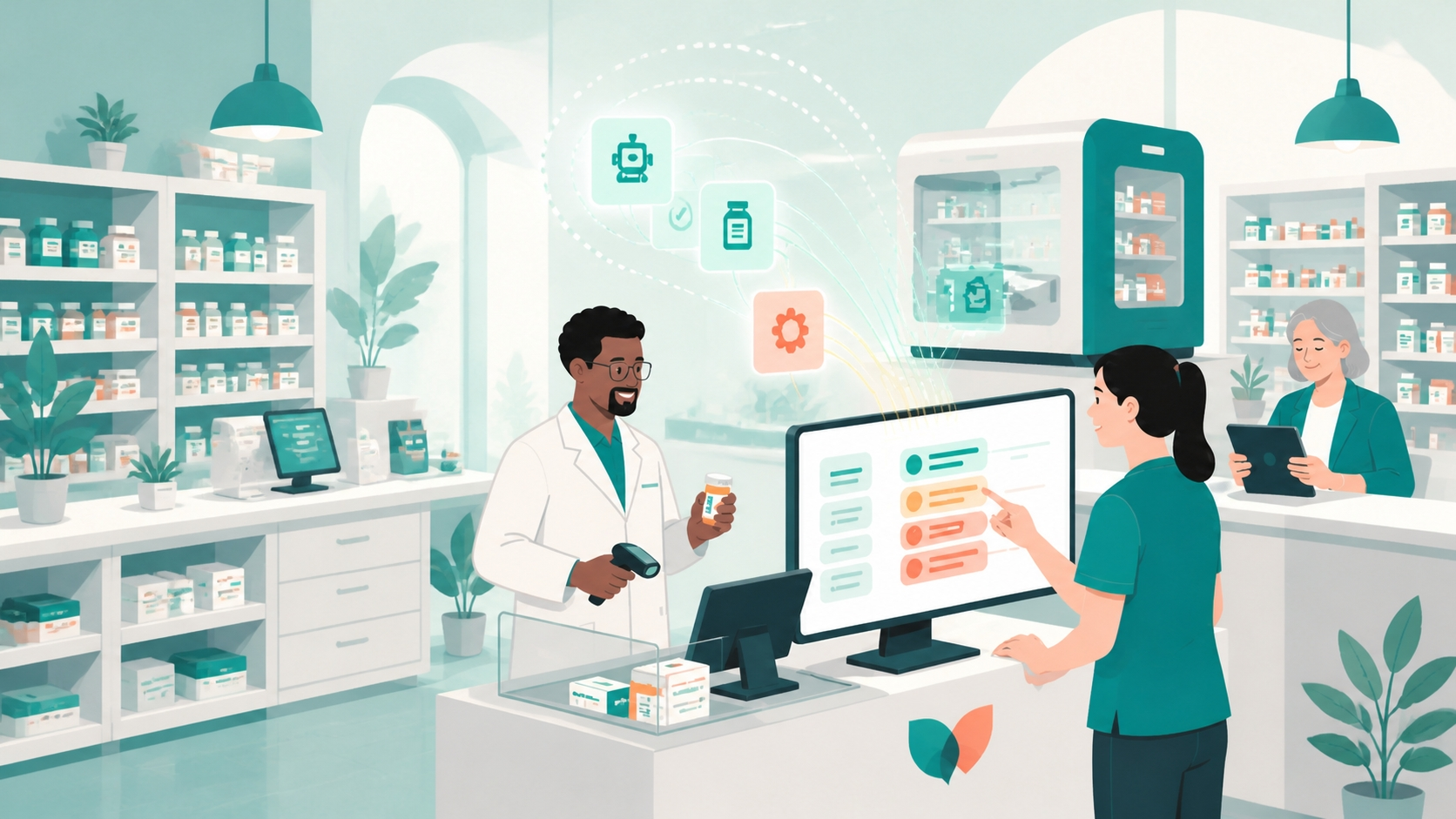 A pharmacist, a technician, and a pharmacy owner standing at one pharmacy management system screen in an independent pharmacy, the technician pointing at a queue on the screen while the pharmacist holds a one-page printed set of instructions.