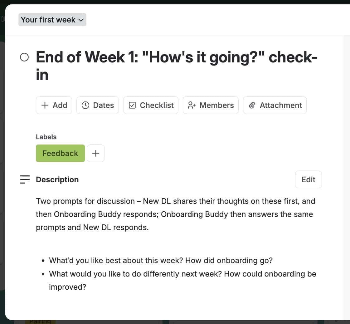 Screenshot of check-in Trello card descriptionScreenshot of A2DL onboarding Trello board