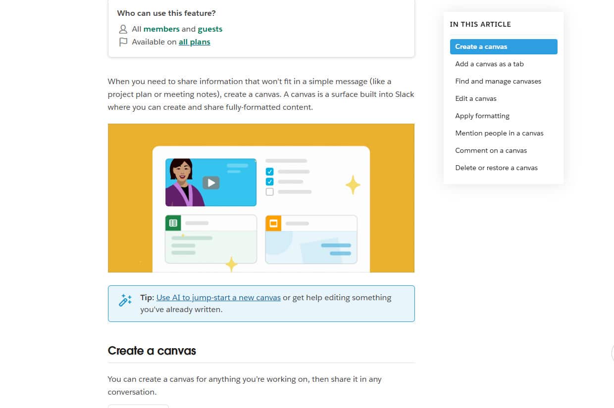A screenshot of a tutorial for making a Slack Canvas.