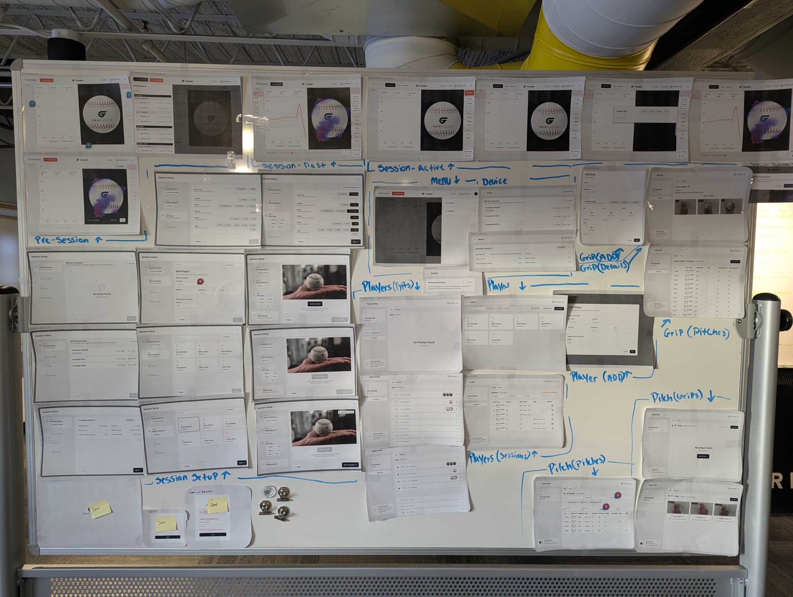 A photo of a whiteboard with 35 pages of paper with different designs, most of what on the pages isn't readable but there are mutiple images of a 3d baseball scene. There is also whiteboard marker labeling the sections of the designs. Title: The Value of In-Person Backlog Management ToolsA photo of two atoms working with a whiteboard. One is standing further back observing, the other is writing on the board. Both have their backs to the camera. Title:The Value of In-Person Backlog Management Tools
