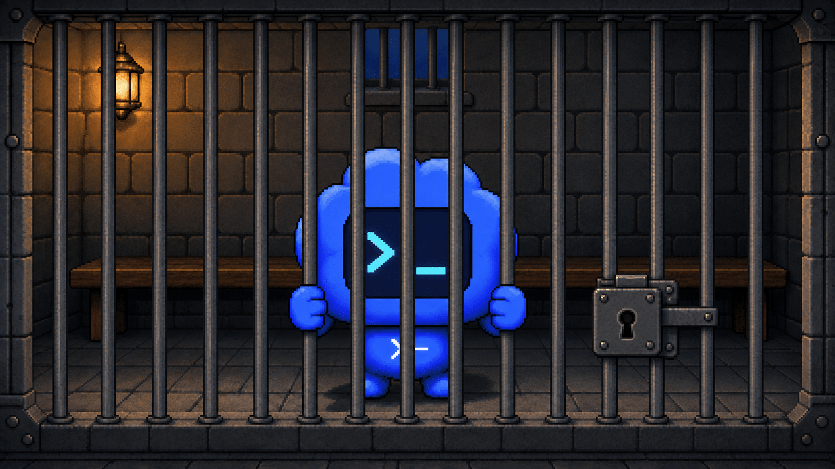 A blue Codex pet with a glowing command-line face grips closely spaced jail bars beside an iron lock in a lantern-lit stone cell.