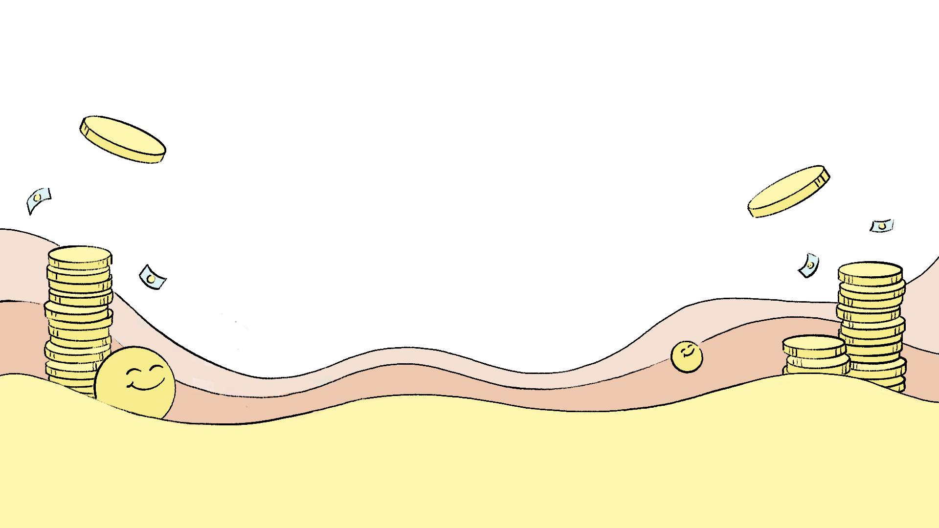 Illustrated carwash scene with rolling hills and stacks of coins