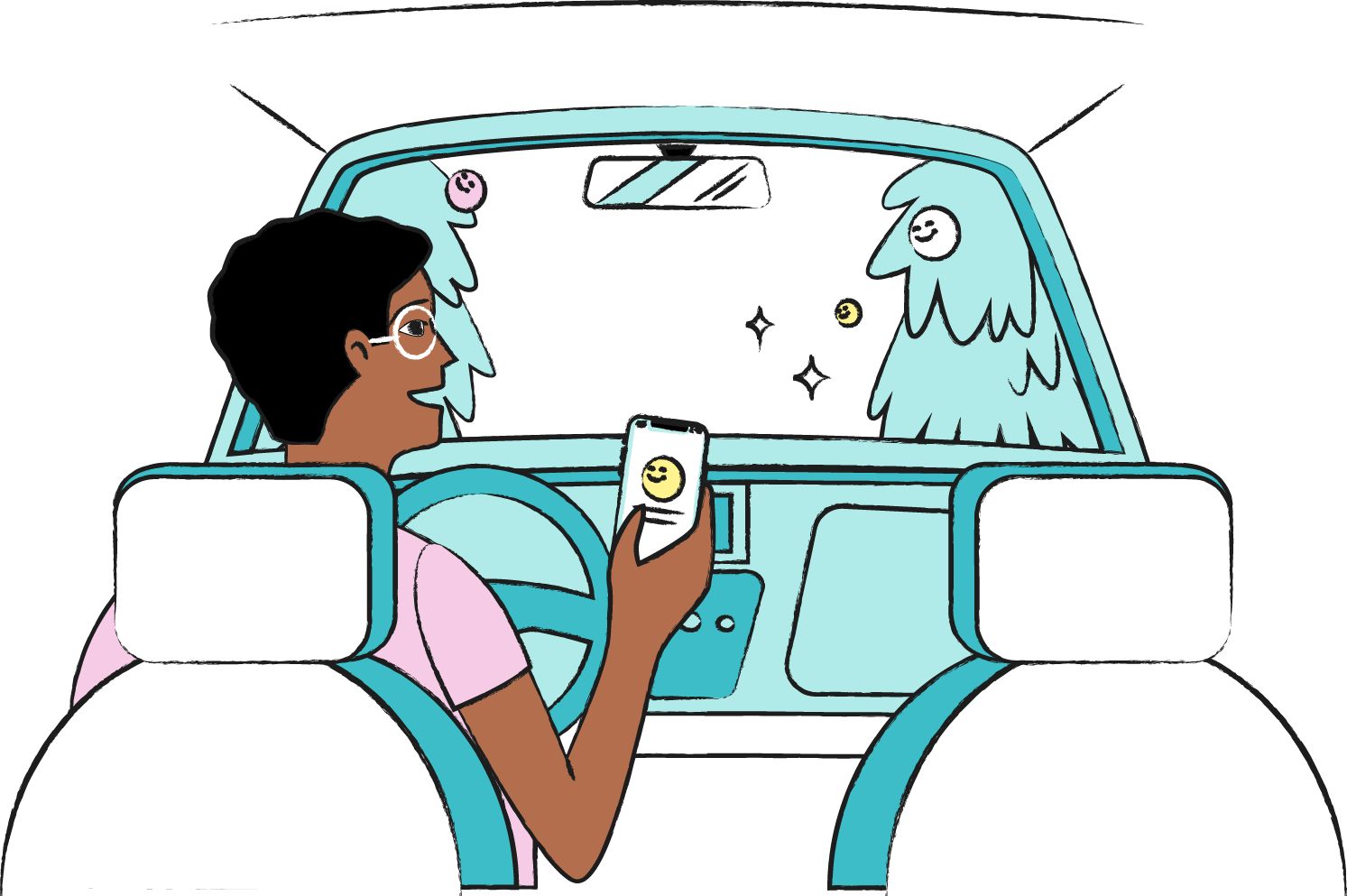 Illustration of a family riding through the carwash
