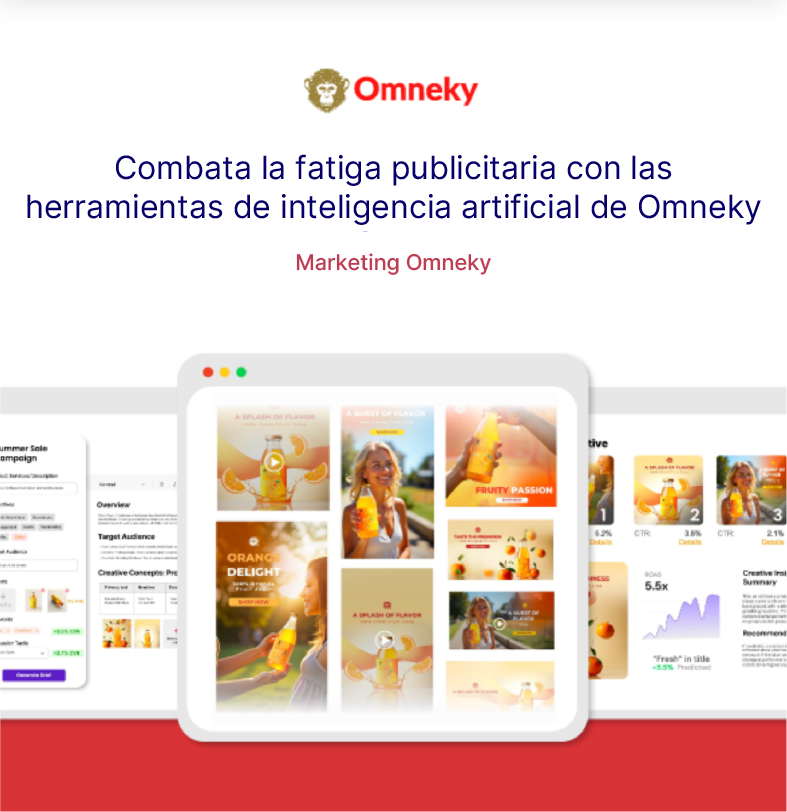 Publicidad generada por IA que muestra contenido personalizado adaptado a públicos diversos. El logotipo de Omneky destaca su papel en la lucha contra la fatiga publicitaria.