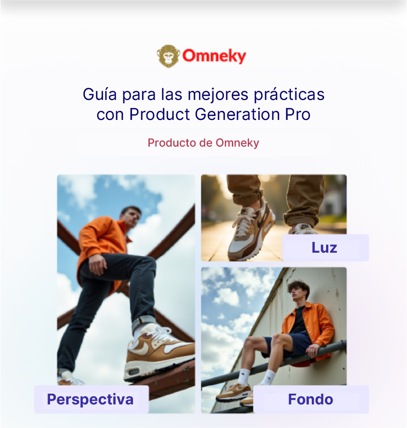 Imagen de producto generada por IA que muestra un elegante par de zapatillas sobre una estructura metálica, resaltadas con una iluminación cálida y un fondo dinámico.