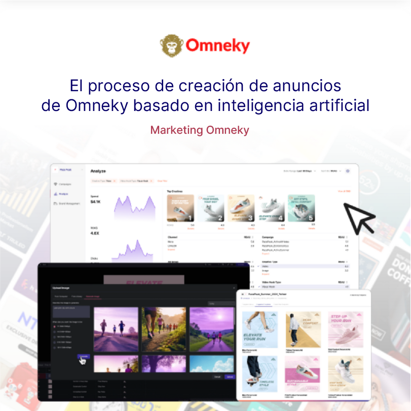 La plataforma creativa basada en inteligencia artificial de Omneky muestra plantillas de anuncios, análisis de rendimiento y herramientas de edición de vídeo para una creación de anuncios optimizada.